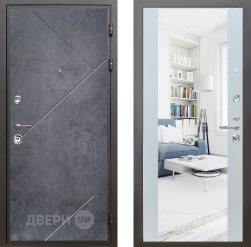 Входная металлическая Дверь Шелтер (SHELTER) Комфорт Бетон урбан индиго 13 с зеркалом Белый матовый в Лобне