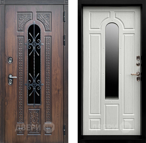 Входная металлическая Дверь Престиж TERMO с терморазрывом Лацио Дуб с окном и ковкой Лиственница белая в Лобне