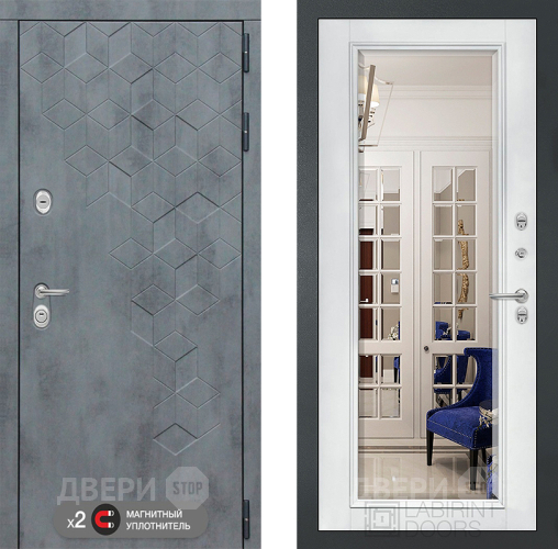 Входная металлическая Дверь Лабиринт (LABIRINT) Бетон Зеркало Фацет с багетом Белый софт в Лобне