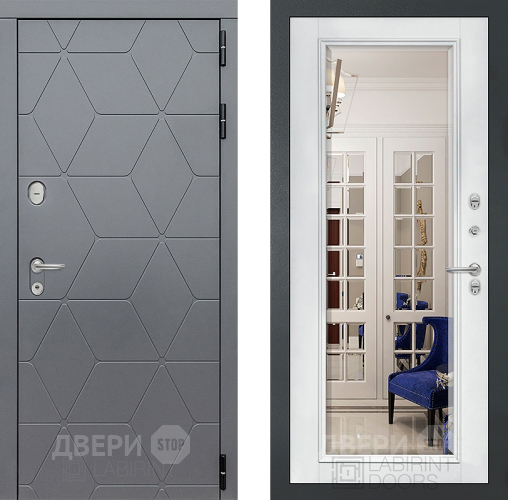 Входная металлическая Дверь Лабиринт (LABIRINT) Cosmo Зеркало Фацет с багетом Белый софт в Лобне