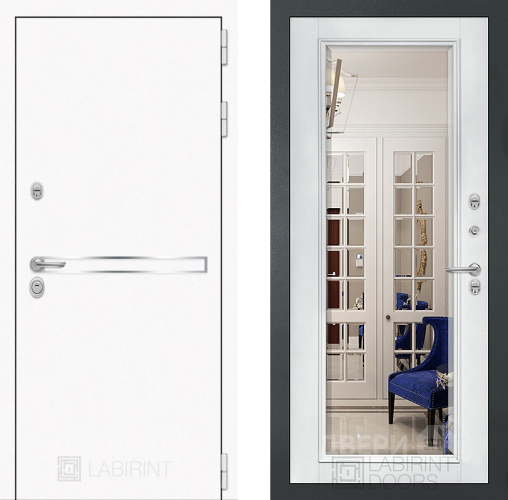 Дверь Лабиринт (LABIRINT) Лайн White Зеркало Фацет с багетом Белый софт в Лобне