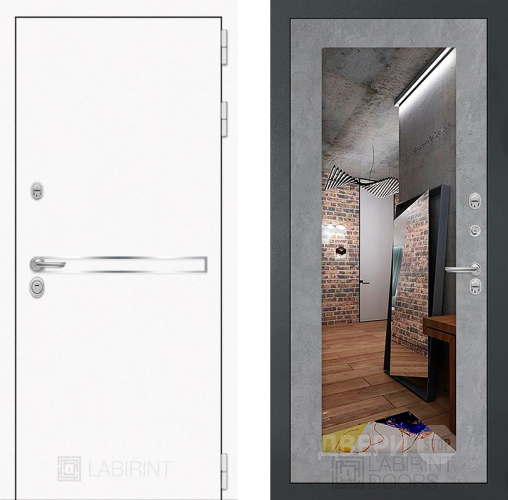 Входная металлическая Дверь Лабиринт (LABIRINT) Лайн White Зеркало 18 Бетон светлый в Лобне