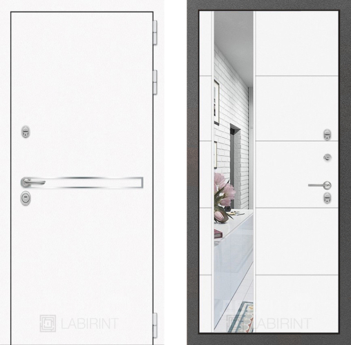 Входная металлическая Дверь Лабиринт (LABIRINT) Лайн White Зеркало 19 Белый софт в Лобне