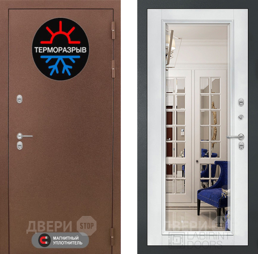 Входная металлическая Дверь Лабиринт (LABIRINT) Термо Магнит Зеркало Фацет с багетом Белый софт в Лобне