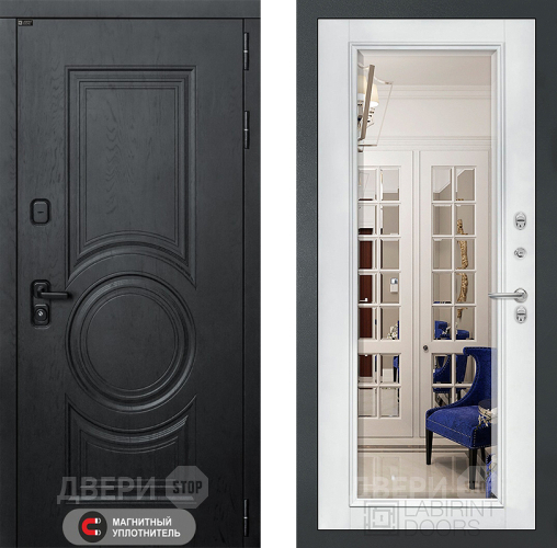Входная металлическая Дверь Лабиринт (LABIRINT) Гранд Зеркало Фацет с багетом Белый софт в Лобне