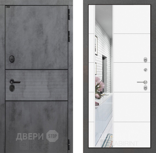 Входная металлическая Дверь Лабиринт (LABIRINT) Инфинити Зеркало 19 Белый софт в Лобне