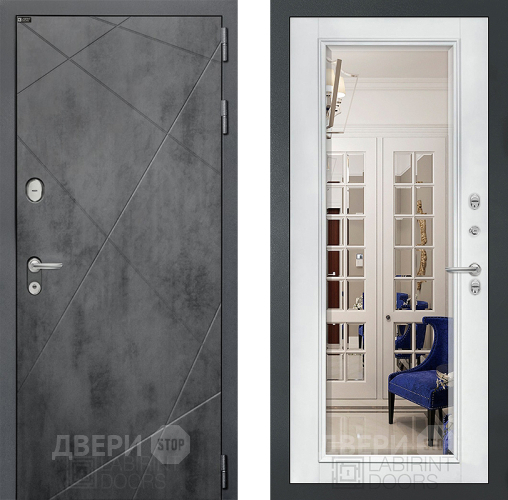 Входная металлическая Дверь Лабиринт (LABIRINT) Лофт Зеркало Фацет с багетом Белый софт в Лобне