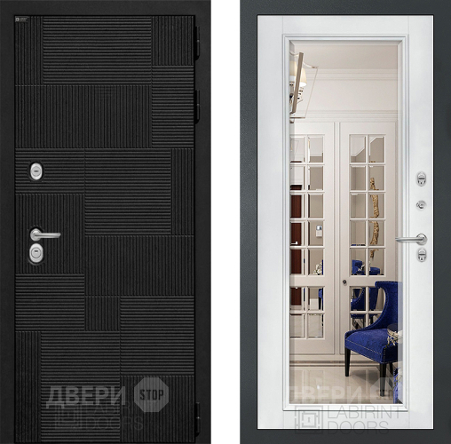 Входная металлическая Дверь Лабиринт (LABIRINT) Pazl Зеркало Фацет с багетом Белый софт в Лобне