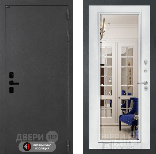 Входная металлическая Дверь Лабиринт (LABIRINT) Acustic Зеркало Фацет с багетом Белый софт в Лобне
