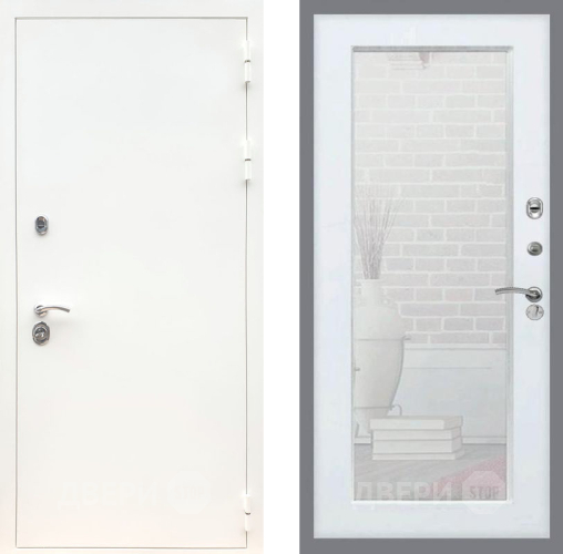 Входная металлическая Дверь Рекс (REX) 5 Белая Шагрень Зеркало Пастораль Белый ясень в Лобне