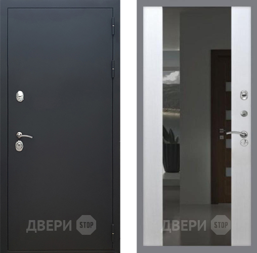 Входная металлическая Дверь Рекс (REX) 5 Черный Муар СБ-16 Зеркало Белый ясень в Лобне