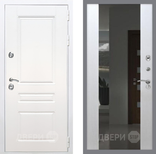 Входная металлическая Дверь Рекс (REX) Премиум-н Силк Сноу СБ-16 Зеркало Белый ясень в Лобне