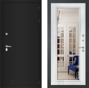 Дверь Лабиринт (LABIRINT) Classic шагрень черная Зеркало Фацет с багетом Белый софт 860х2050 мм